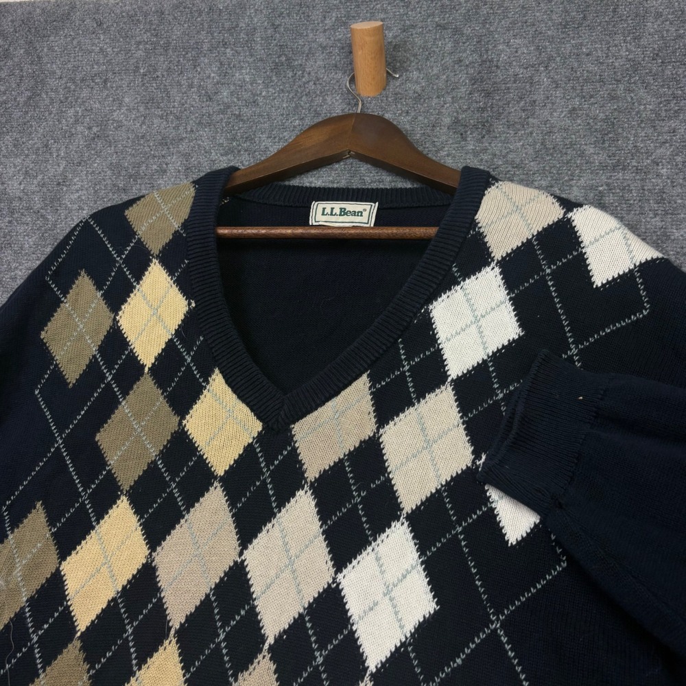 LL Bean V-Neck Sweater Mens XL Tall Navy Blue Argyle Cotton Scotland Preppy